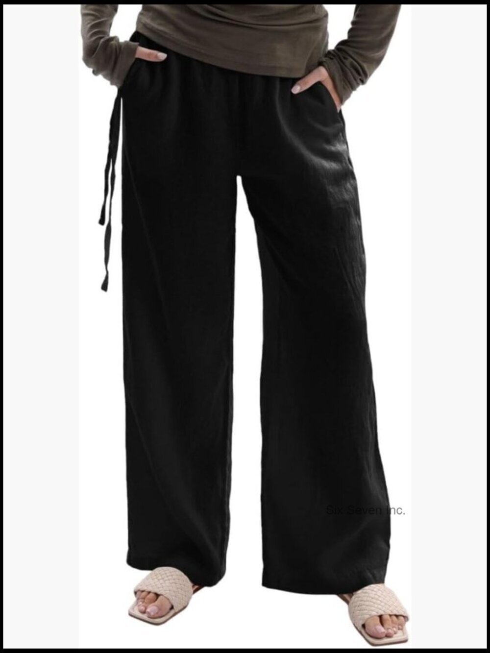100% Linen Wide-Leg Palazzo Pants with Pockets Relaxed Fit